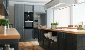 blue wooden kitchen cabinets