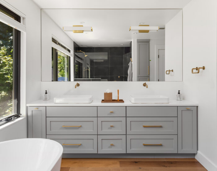 double sink vanity in a new luxury bathroom